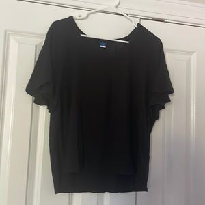 Black Linen-Blend Tee with Ruffle Sleeves